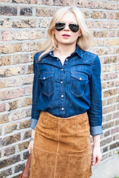 suede-skirt-denim-shirt-